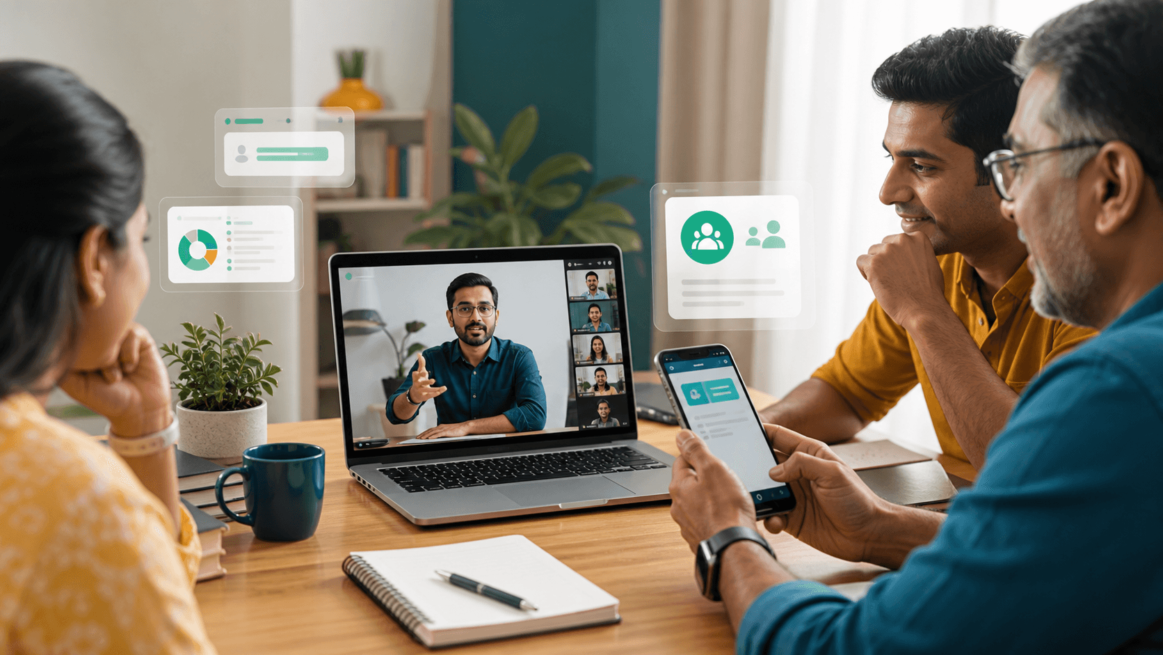 Indian adults learning AI in a live online class with a laptop and phone