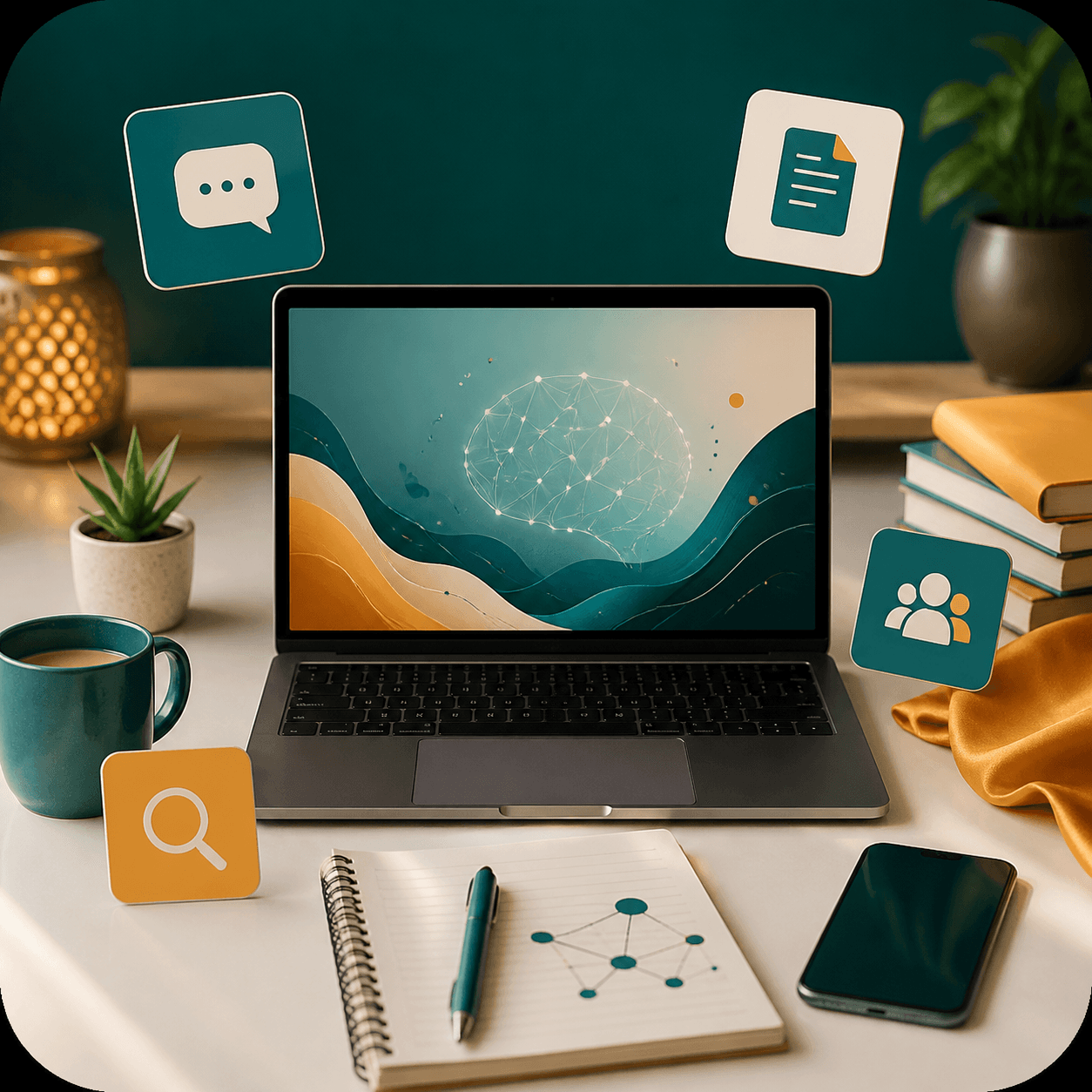 Course module visual with laptop, notebook, and AI learning icons